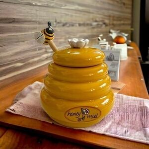 Mini Honey Pot Ceramic Jar Beehive Wood Dipper 3.5"x4" Bee Daisy Lid Add